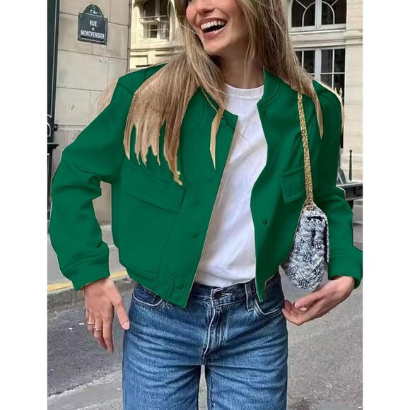 Women Dark green Cropped Bomber Jacket Button Down Varsity Shacket with Pockets - Picture 3 of 5